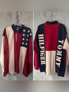 Vintage 90s Tommy Hilfiger Rugby Polo Shirt Stars Stripes USA American Flag  XL